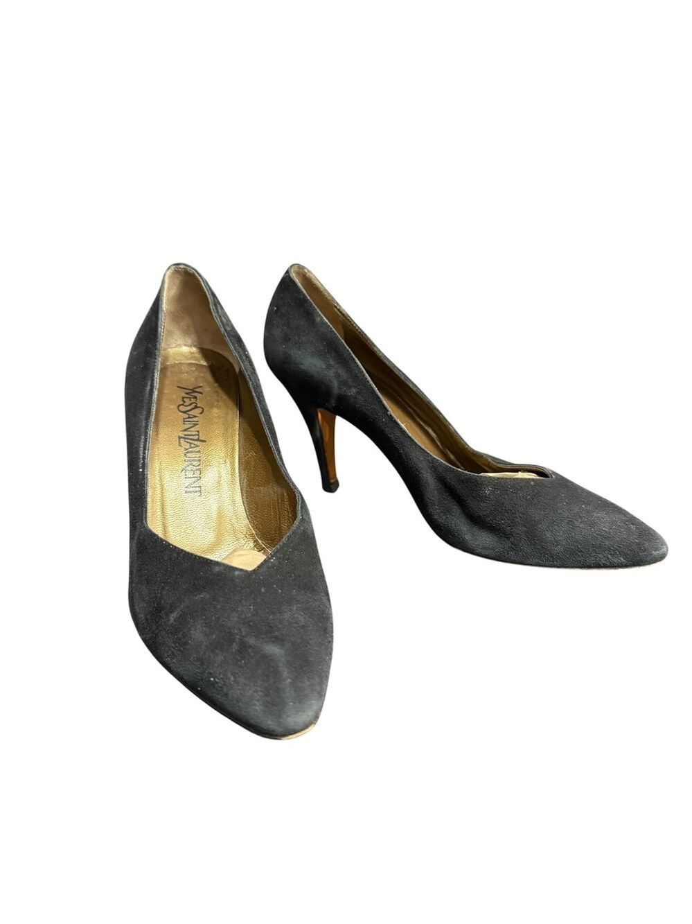 Vintage Yves Saint Laurent Black Suede Pointed Toe Pumps Gold Insole Italy 5.5M